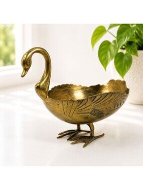 Vintage Solid Brass Swan Decorative Bowl With Intricate Detailing And Footed Bas